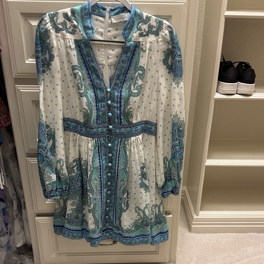 Zimmermann White and Blue Patterned Mini Dress